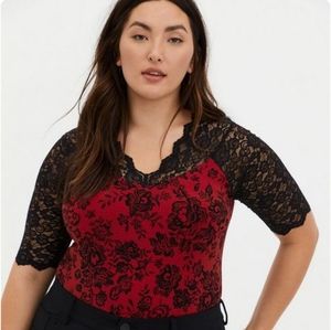 Torrid Sheer Lace And Foxy V-Neck Elbow Sleeve Bodysuit Size 3